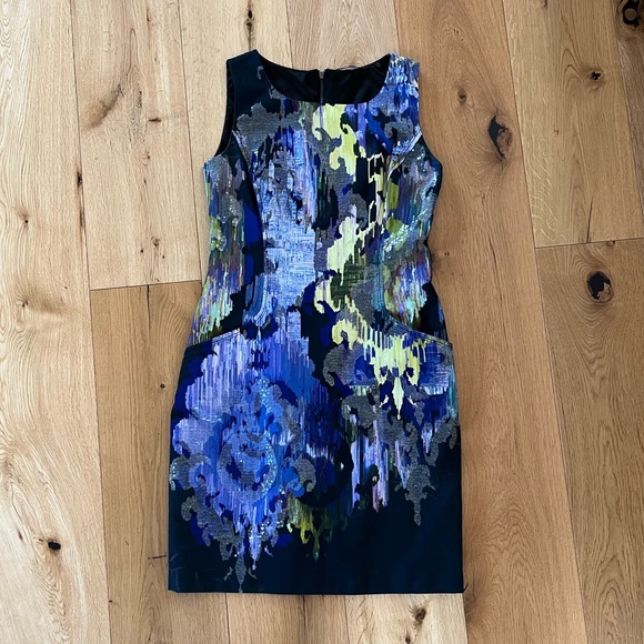 Elie Tahari Blue Purple Sheath Dress, Abstract Jewel Pattern Sequins Pockets, 6 - Picture 2 of 11